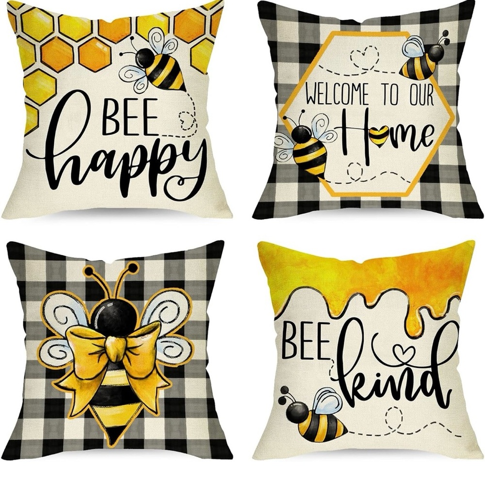 NWT Bumble Bee Happy,  Bee Kind - Decorative Throw Pillow Covers 20x20 Set of 4